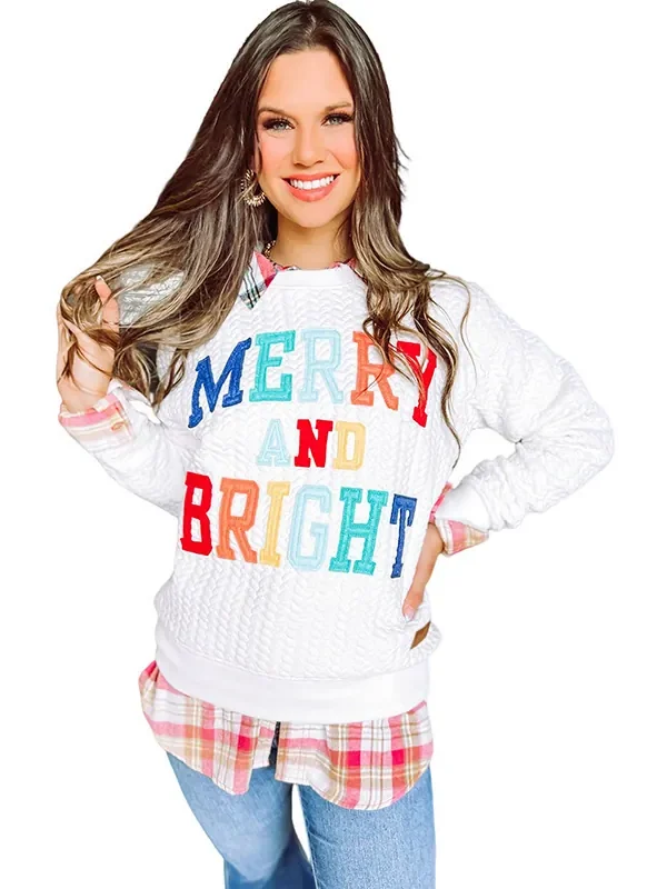 Womens Casual Loose Crew Neck Sweatshirt Colorful Letter Applique Contrast Long Sleeve