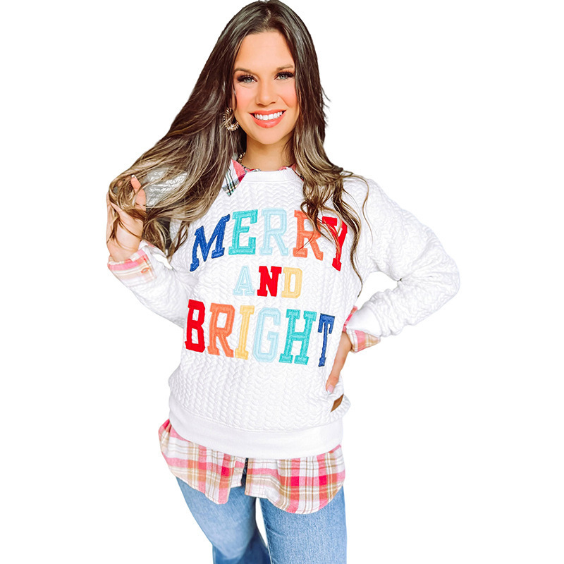 Womens Casual Loose Crew Neck Sweatshirt Colorful Letter Applique Contrast Long Sleeve