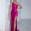 One Shoulder Backless Ruched Slim Fit Slit Midi Evening Party Dress