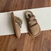 Women Sandals Toe-Covered Slides Hollow Out Belt Buckle Suede Flat Rubber Sole