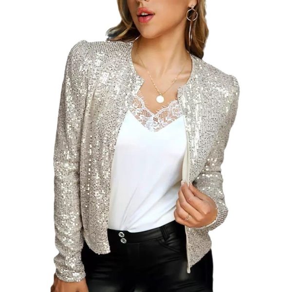 Spring Womens Sequin Block Stand Collar Short Slim Zip Casual Jacket