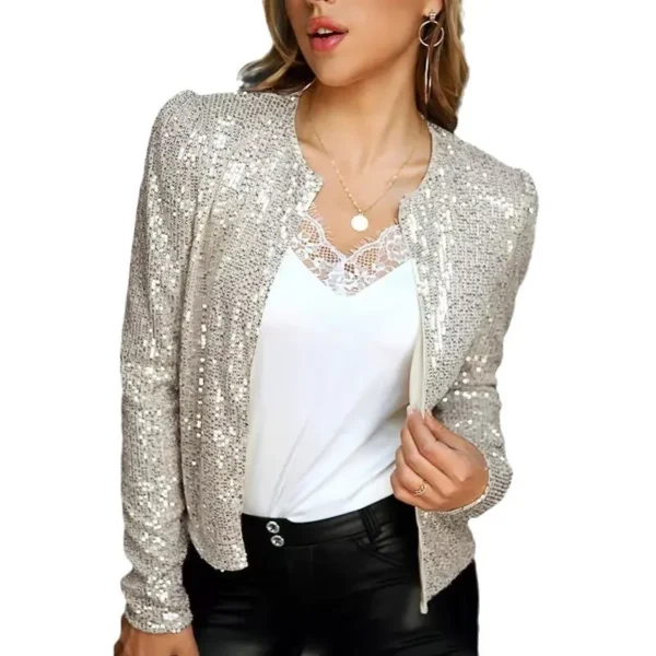 Spring Womens Sequin Block Stand Collar Short Slim Zip Casual Jacket
