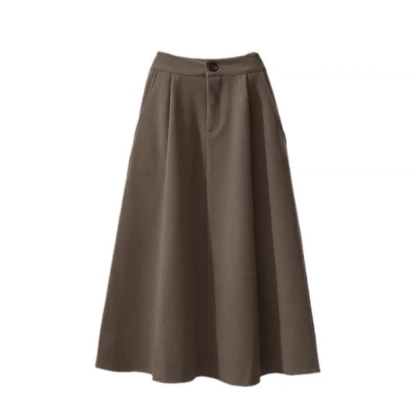 High Waist A-Line Midi Skirt Winter Solid Button Slimming