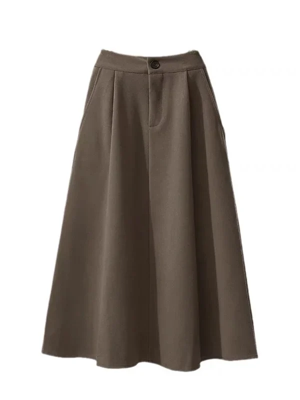 High Waist A-Line Midi Skirt Winter Solid Button Slimming