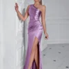 One Shoulder Backless Ruched Slim Fit Slit Midi Evening Party Dress