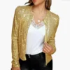 Spring Womens Sequin Block Stand Collar Short Slim Zip Casual Jacket