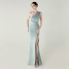 One-Shoulder Satin Pleated Slim-Fit Mermaid Evening Dress High Slit Party Wedding