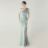 One-Shoulder Satin Pleated Slim-Fit Mermaid Evening Dress High Slit Party Wedding