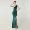 One-Shoulder Satin Pleated Slim-Fit Mermaid Evening Dress High Slit Party Wedding