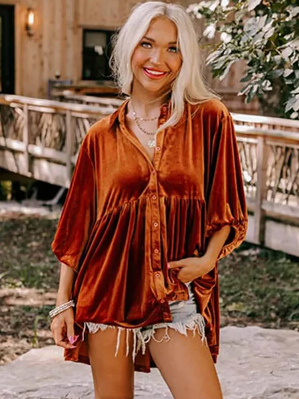 Womens Velvet Solid Loose Midi 3/4 Sleeve Lapel Single-Breasted Shirt