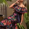 Off Shoulder Floral Digital Print Maxi Flared Plus Size Dress