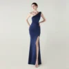 One-Shoulder Satin Pleated Slim-Fit Mermaid Evening Dress High Slit Party Wedding