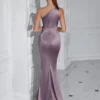 One Shoulder Backless Ruched Slim Fit Slit Midi Evening Party Dress
