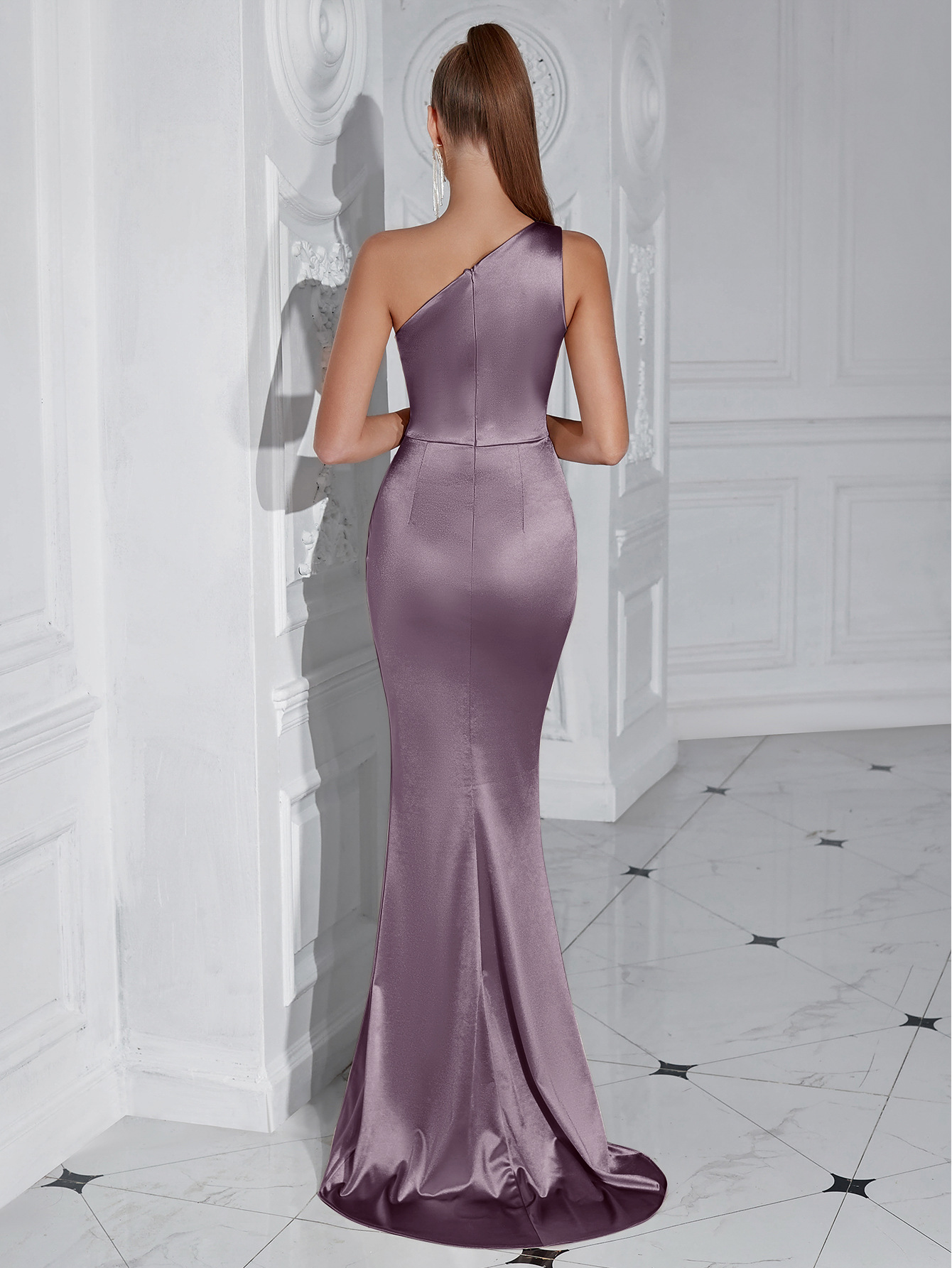 One Shoulder Backless Ruched Slim Fit Slit Midi Evening Party Dress