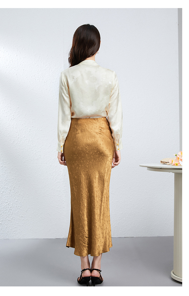 Gold Jacquard Acetate Mermaid Long Skirt High Waist Silky Bodycon Lady