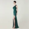 One-Shoulder Satin Pleated Slim-Fit Mermaid Evening Dress High Slit Party Wedding