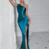 One Shoulder Backless Ruched Slim Fit Slit Midi Evening Party Dress