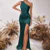 One Shoulder Backless Ruched Slim Fit Slit Midi Evening Party Dress