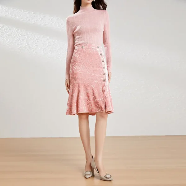 Pink Crushed Velvet High-Waisted Midi Bodycon Skirt Button Office Petite