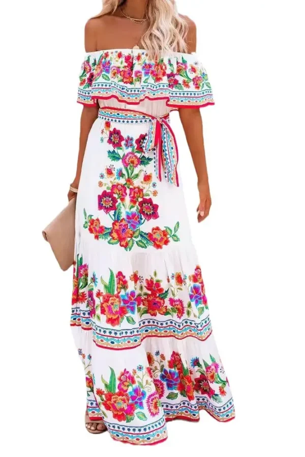 Off Shoulder Floral Digital Print Maxi Flared Plus Size Dress