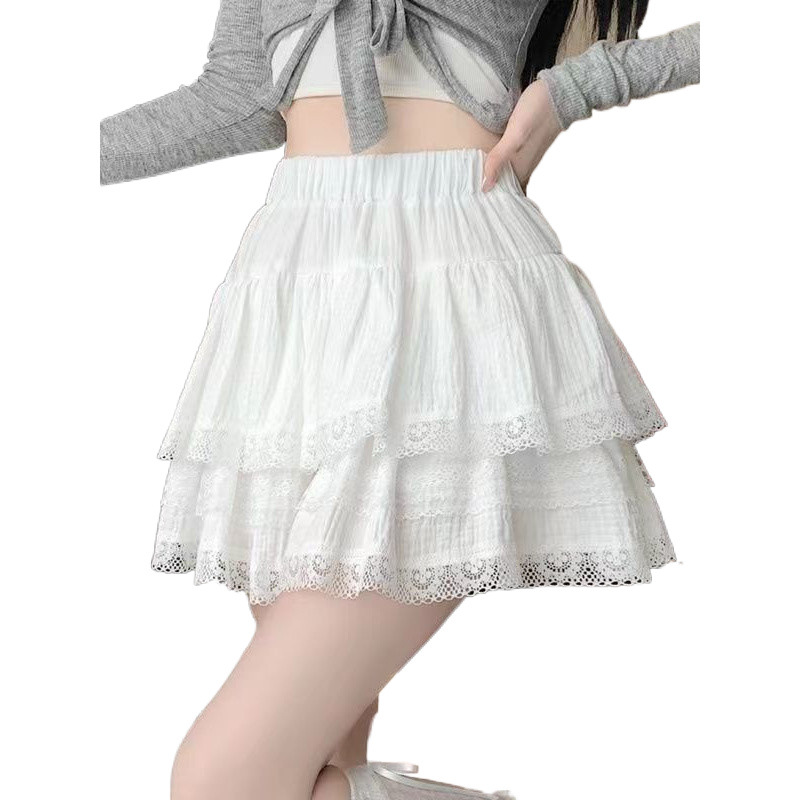 Womens French Tiered Mini Skirt High Waist Lace Ruffle