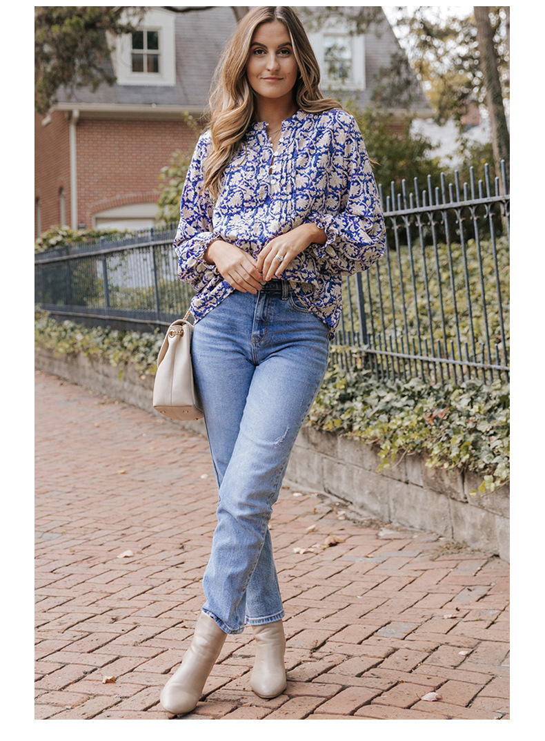 Womens Floral Print V-Neck Long Sleeve Slim Office Blouse