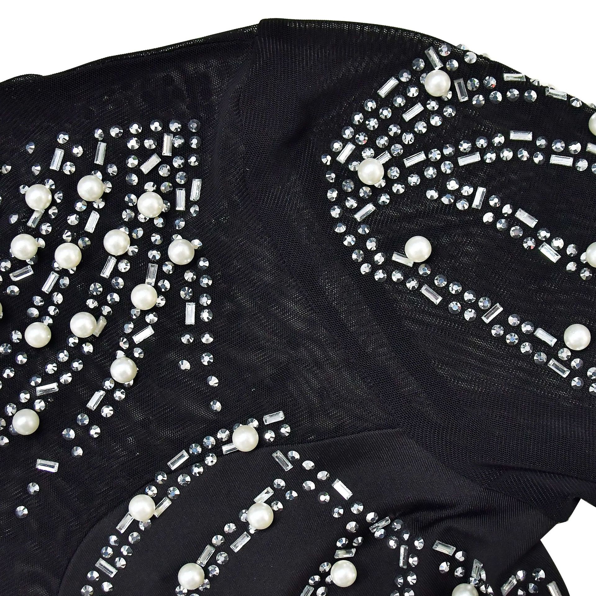 Womens Elegant Office Tulle Jumpsuit Rhinestone Long Sleeve Pants Black Apricot