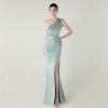 One-Shoulder Satin Pleated Slim-Fit Mermaid Evening Dress High Slit Party Wedding