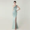 One-Shoulder Satin Pleated Slim-Fit Mermaid Evening Dress High Slit Party Wedding
