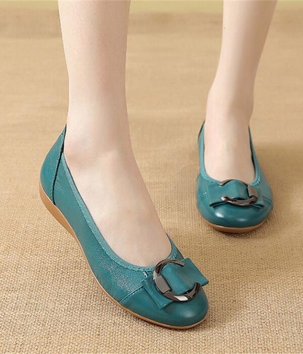 Womens Genuine Leather Flat Casual Mom Shoes Bowknot Slip-On Plus Size Shoe