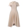 Womens Elegant High Waist Midi Dress Peter Pan Collar Short Sleeve Solid Pleated Big Swing Evening Party