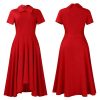 Womens Elegant High Waist Midi Dress Peter Pan Collar Short Sleeve Solid Pleated Big Swing Evening Party