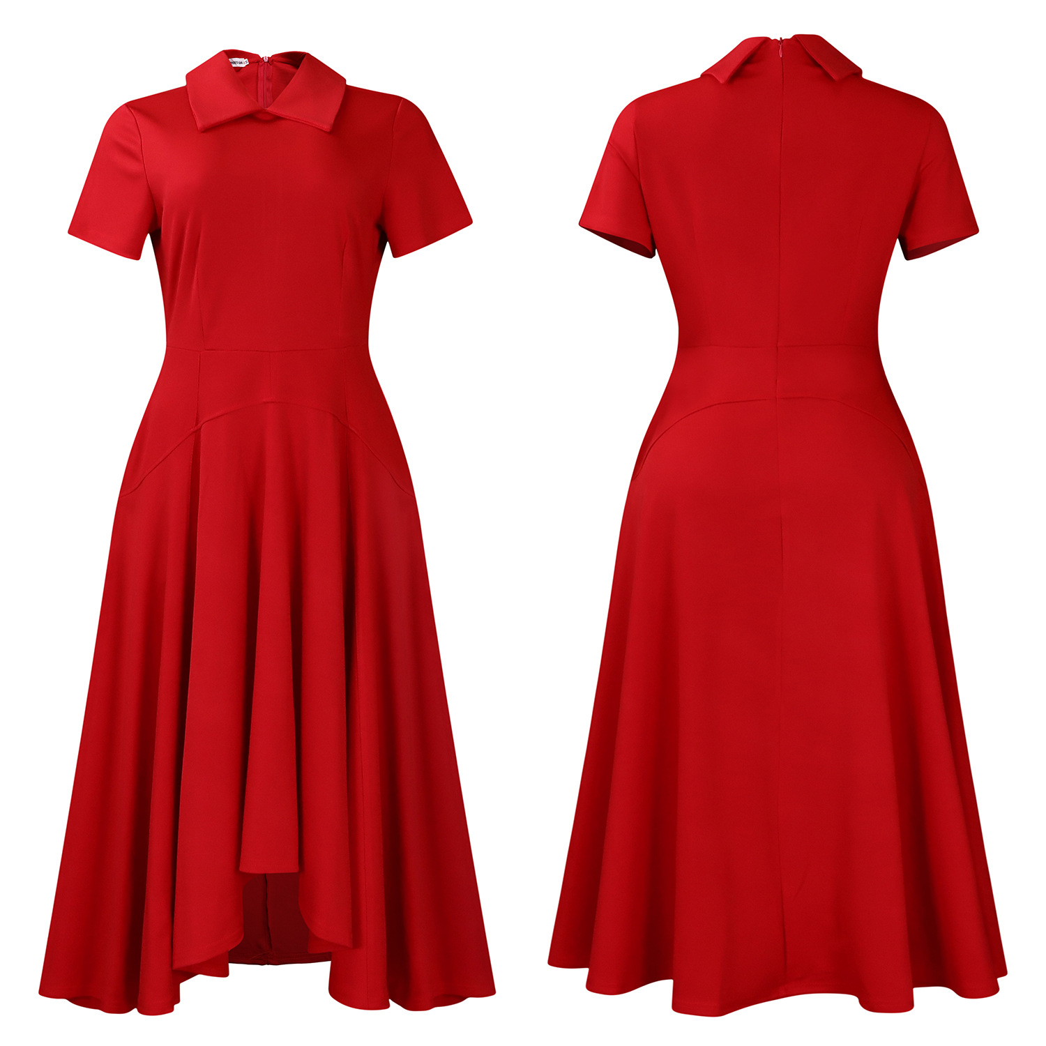 Womens Elegant High Waist Midi Dress Peter Pan Collar Short Sleeve Solid Pleated Big Swing Evening Party