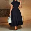 Womens Elegant High Waist Midi Dress Peter Pan Collar Short Sleeve Solid Pleated Big Swing Evening Party