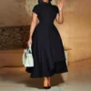 Womens Elegant High Waist Midi Dress Peter Pan Collar Short Sleeve Solid Pleated Big Swing Evening Party