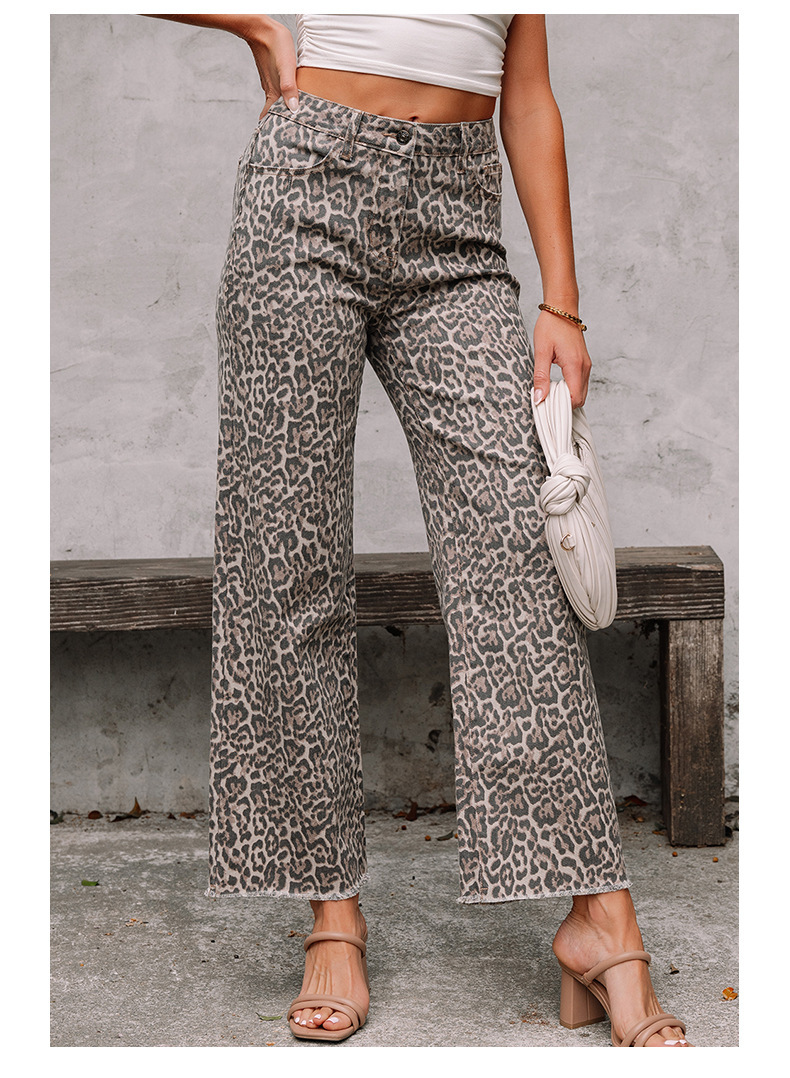 Womens High Waist Leopard Print Straight Leg Jeans Vintage Summer Stretch Pants