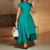 Womens Elegant High Waist Midi Dress Peter Pan Collar Short Sleeve Solid Pleated Big Swing Evening Party