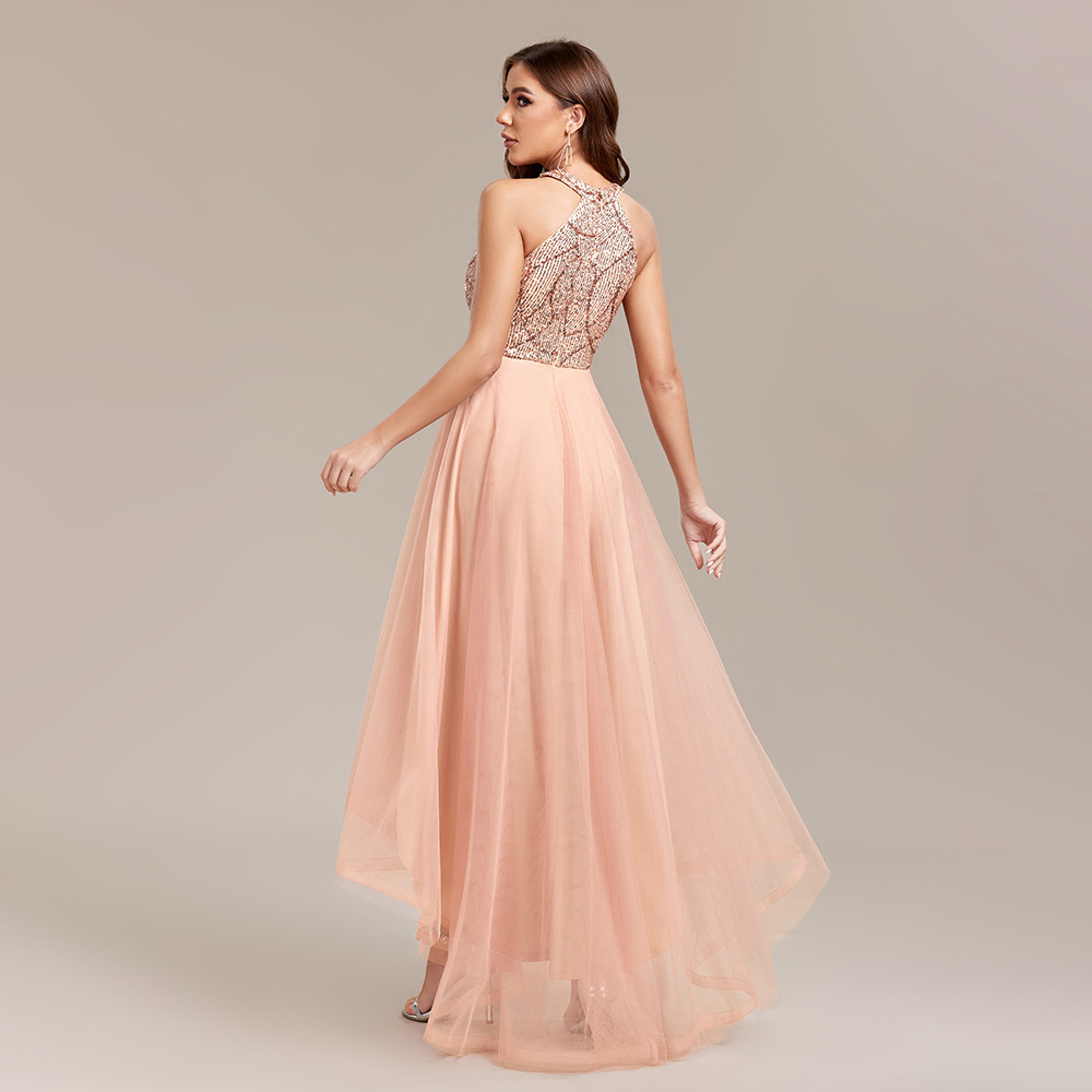 Womens Gold Sequin Halter Sleeveless Tulle Asymmetrical Party Ball Gown