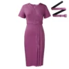 Womens Elegant Solid V-Neck Short Sleeve Belted Pencil Midi Work Dress