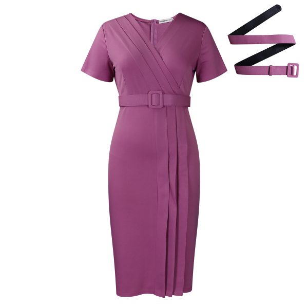Womens Elegant Solid V-Neck Short Sleeve Belted Pencil Midi Work Dress