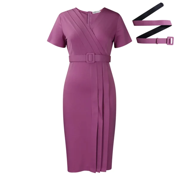 Womens Elegant Solid V-Neck Short Sleeve Belted Pencil Midi Work Dress