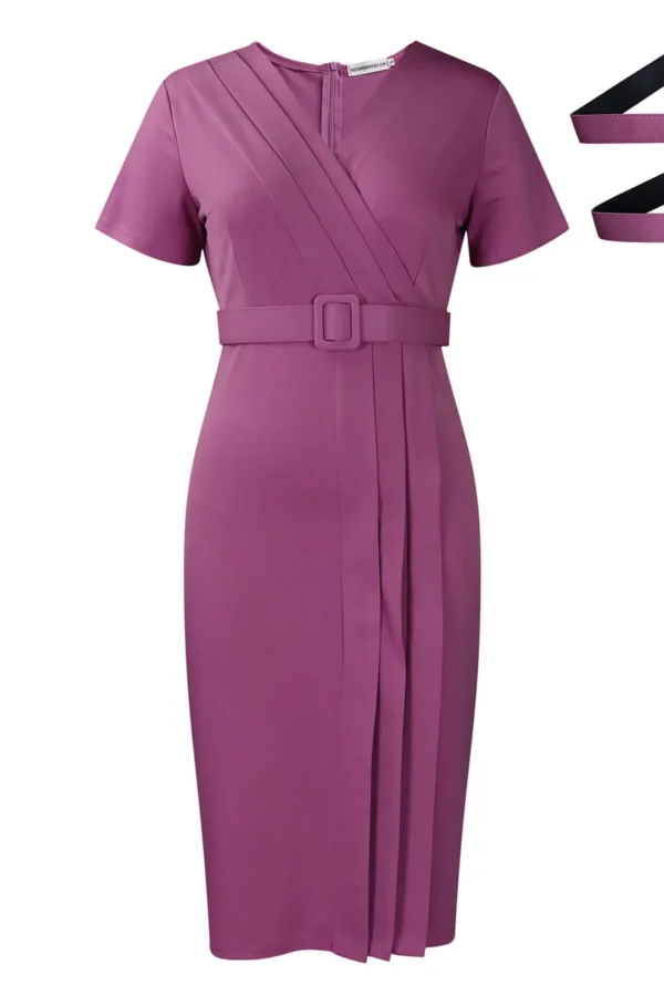 Womens Elegant Solid V-Neck Short Sleeve Belted Pencil Midi Work Dress