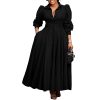 Womens Elegant Solid Puff Long Sleeve High Waist Office Commute Maxi Shirt Dress