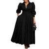 Womens Elegant Solid Puff Long Sleeve High Waist Office Commute Maxi Shirt Dress