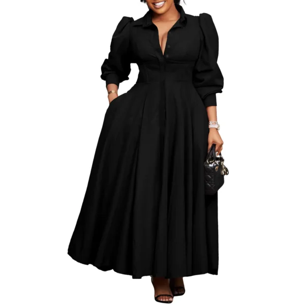 Womens Elegant Solid Puff Long Sleeve High Waist Office Commute Maxi Shirt Dress