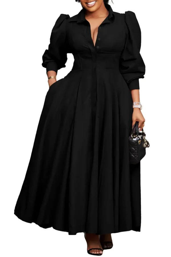 Womens Elegant Solid Puff Long Sleeve High Waist Office Commute Maxi Shirt Dress