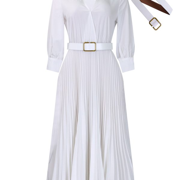 Plus Size Solid Midi Umbrella Dress V Neck 3/4 Sleeve High Waist Elegant