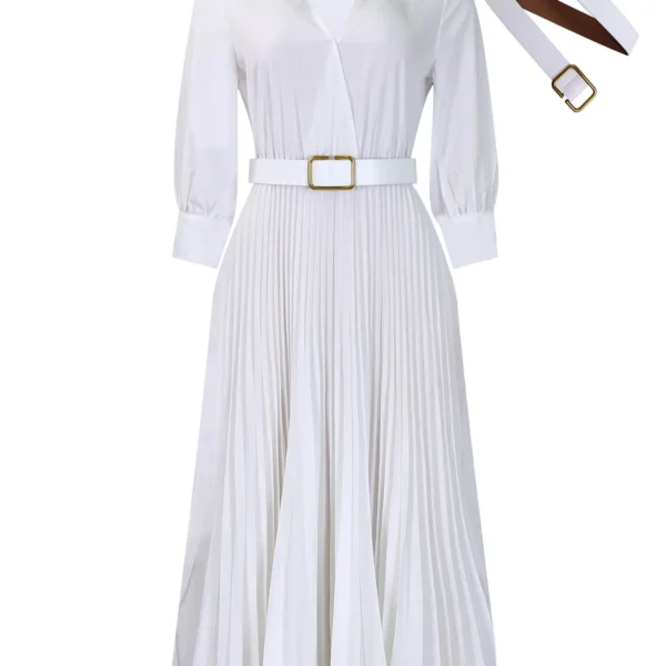 Plus Size Solid Midi Umbrella Dress V Neck 3/4 Sleeve High Waist Elegant