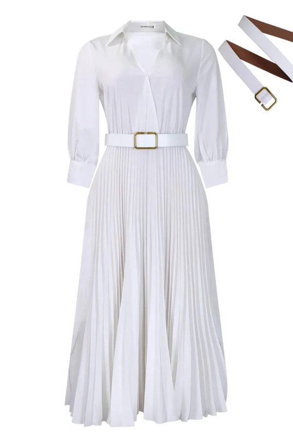 Plus Size Solid Midi Umbrella Dress V Neck 3/4 Sleeve High Waist Elegant