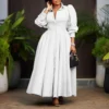 Womens Elegant Solid Puff Long Sleeve High Waist Office Commute Maxi Shirt Dress